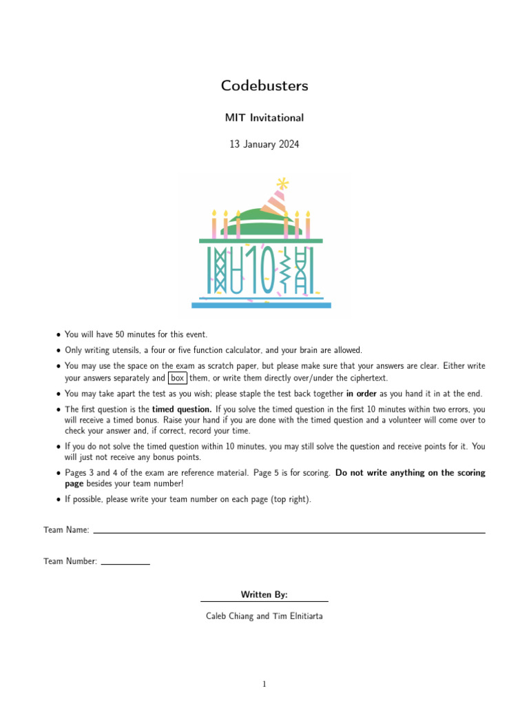 2024 MIT Codebusters C EXAM | PDF | Cipher | Espionage Techniques