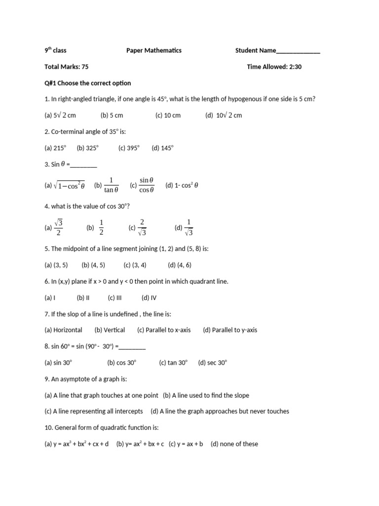 9th Class Paper Mathematics Student Name | PDF | Triangle | Elementary ...