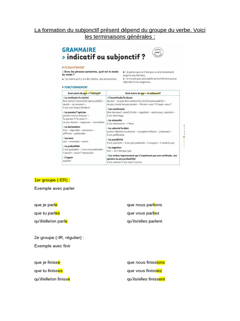 La Formation Du Subjonctif Présent Dépend Du Groupe Du Verbe | PDF ...