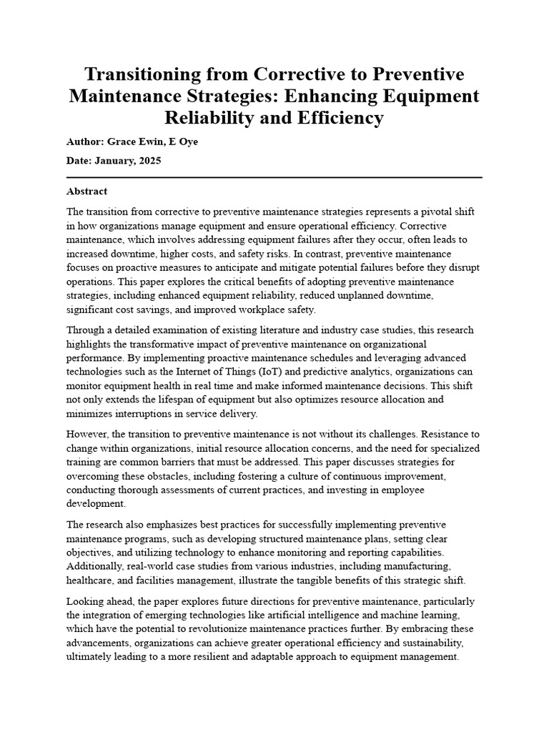 Transitioning From Corrective To Preventive Maintenance Strategies | PDF