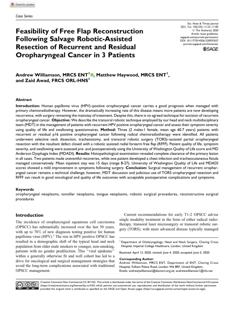 Williamson Et Al 2020 Feasibility of Free Flap Reconstruction Following ...