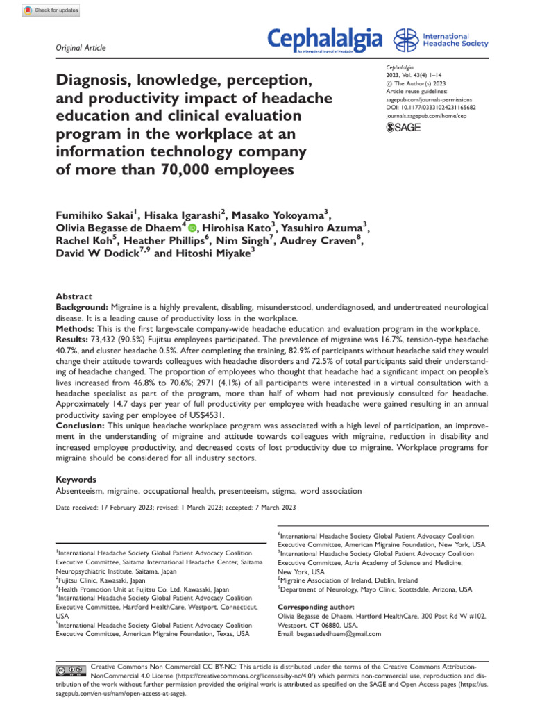 Diagnosis, Knowledge, Perception, and Productivity Impact of Headache ...