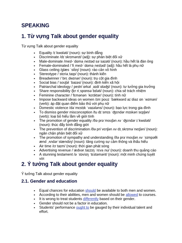 Speaking Unit 6 - Gender Equality | PDF