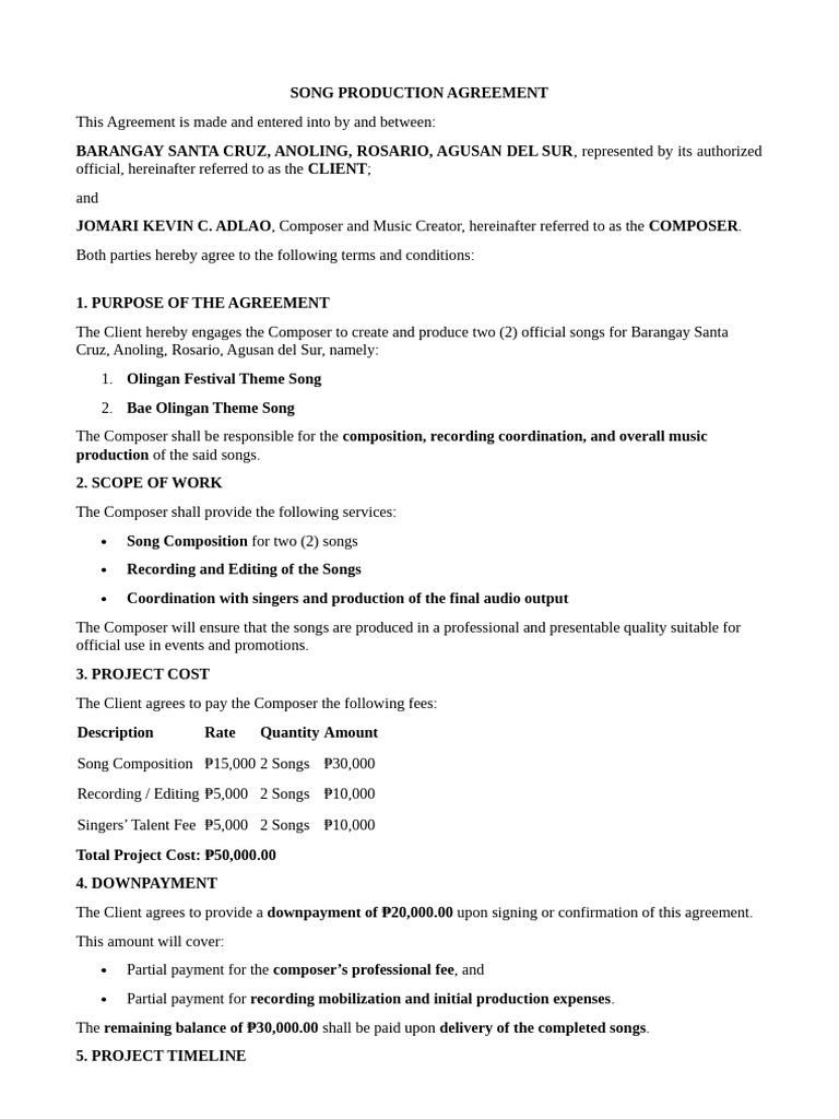 Song Production Agreement Anoling | PDF