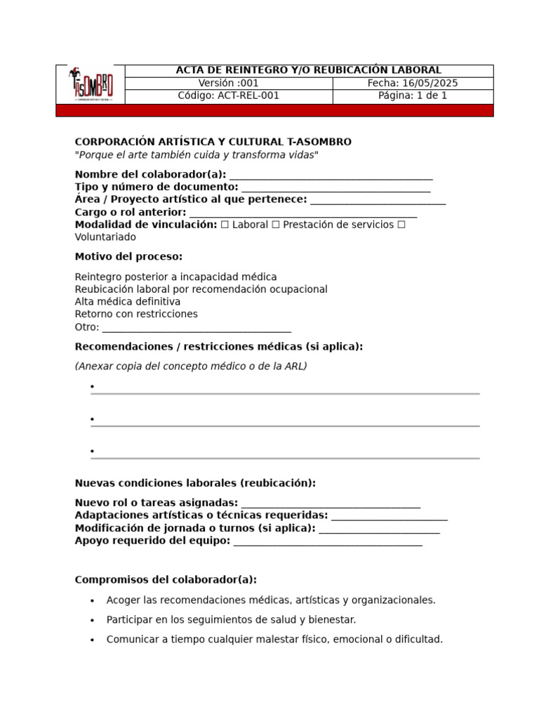 Acta de Reintegro y Reubicación Laboral | PDF