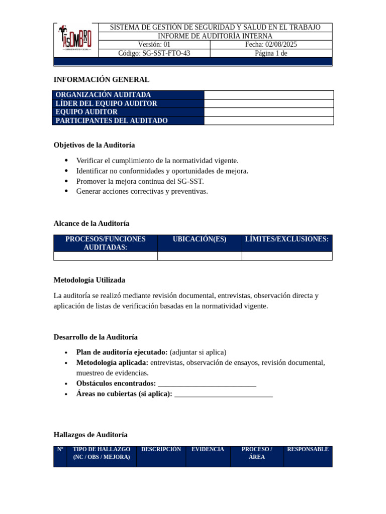 Formato. Informe de Auditoria | PDF | Auditoría