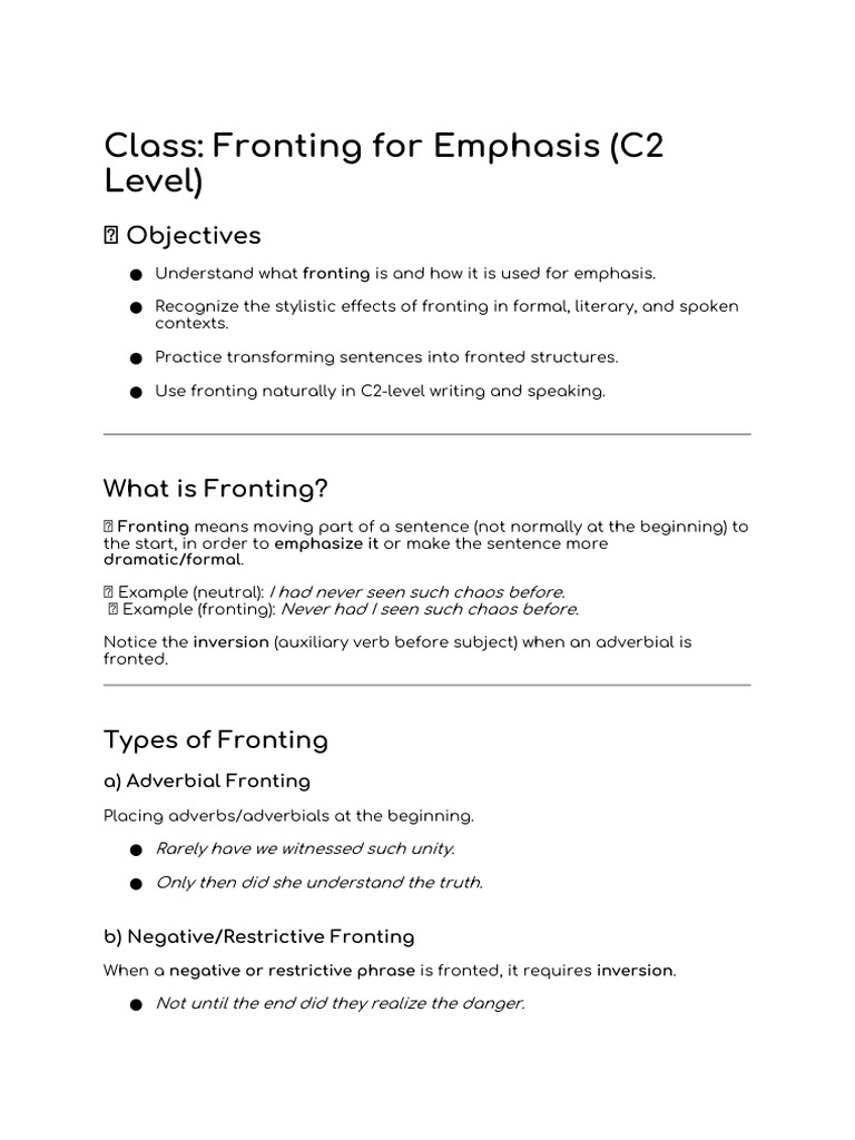 Class - Fronting For Emphasis (C2 Level) | PDF | Language Mechanics ...