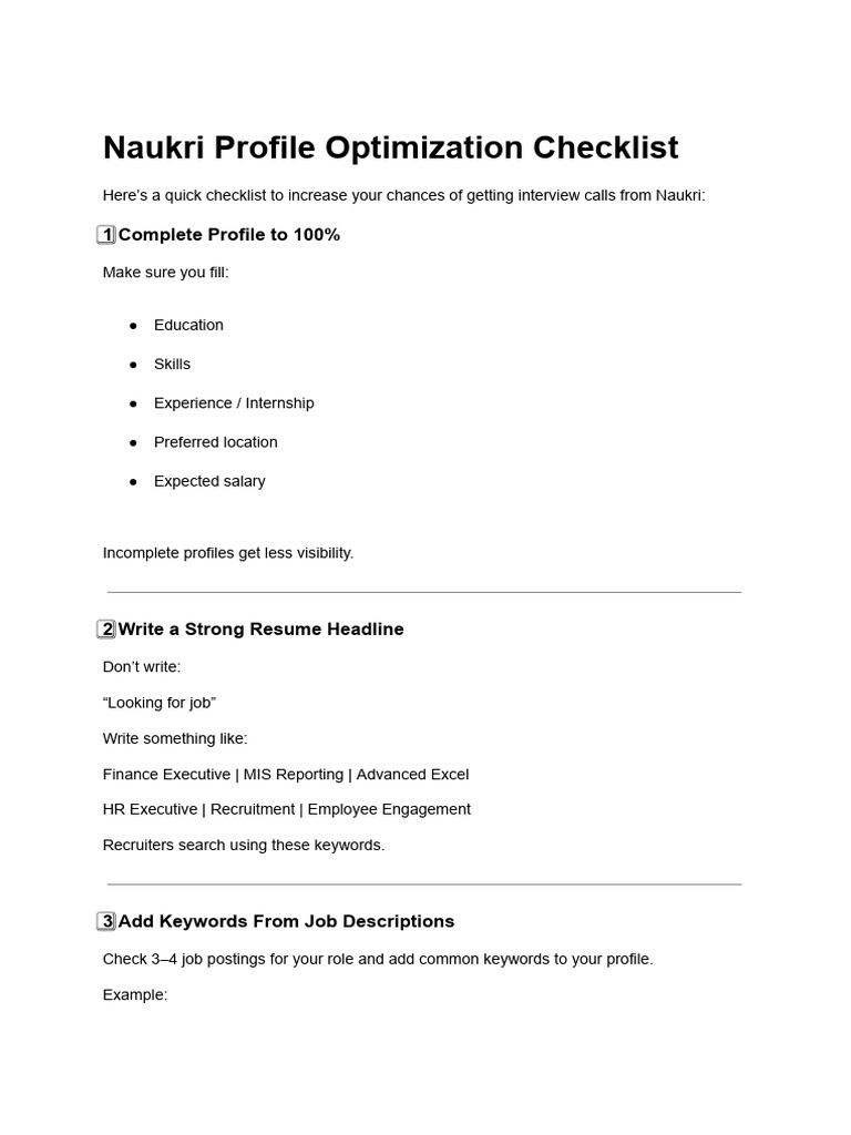 Naukri Profile Optimization Checklist | PDF