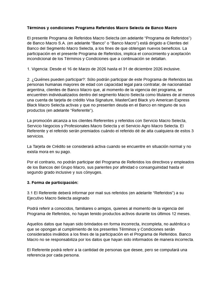 Términos y Condiciones Programa Referidos Macro Selecta de Banco Macro ...
