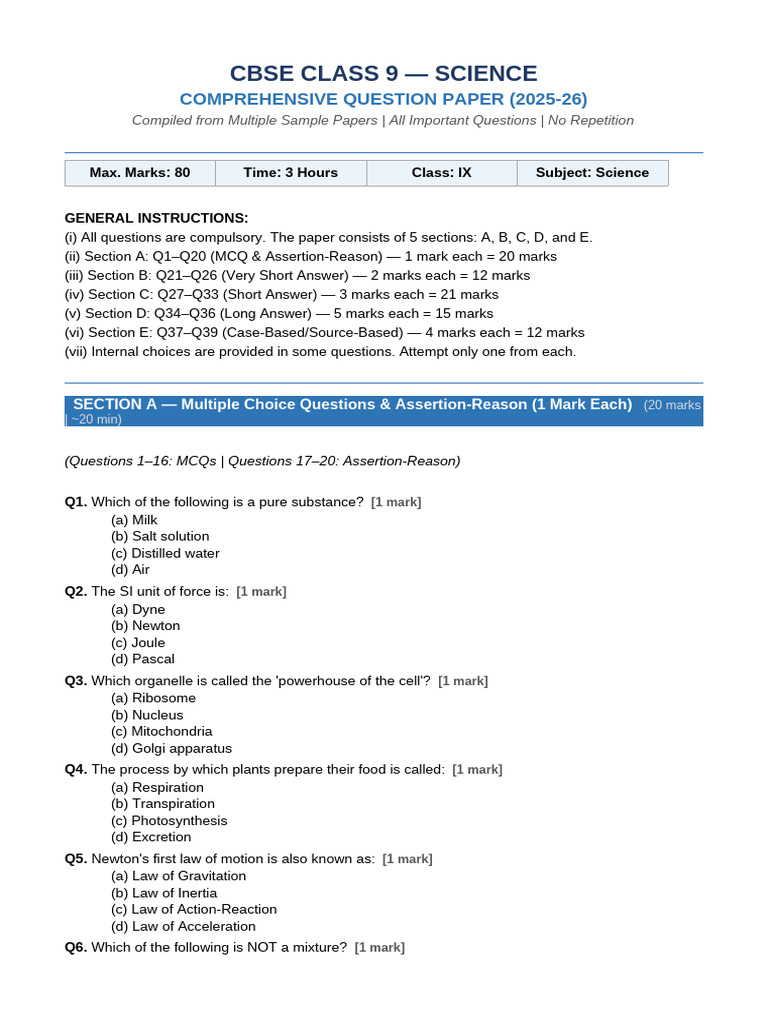 CBSE Class9 Science Question Paper | PDF | Infection | Cell (Biology)