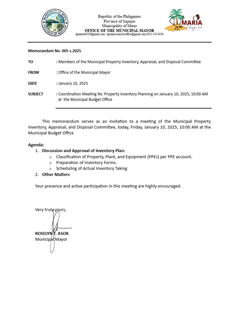 Memo No. 005 - Coordination Meeting of The Inventory Committee | PDF