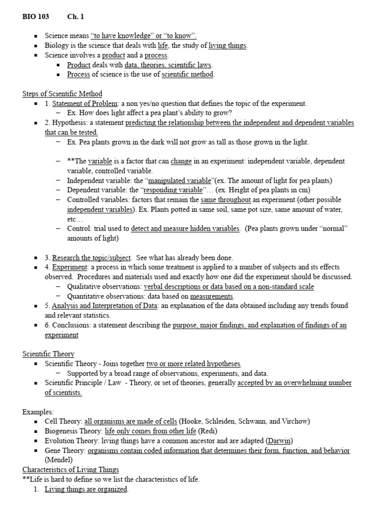 Ch. 1 Bio 103 Fill in Notes - Completed | PDF | Experiment | Sexual ...