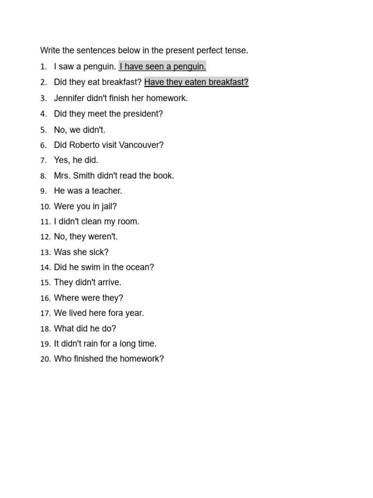 3 Present Perfect Tense Exercise 2 | PDF