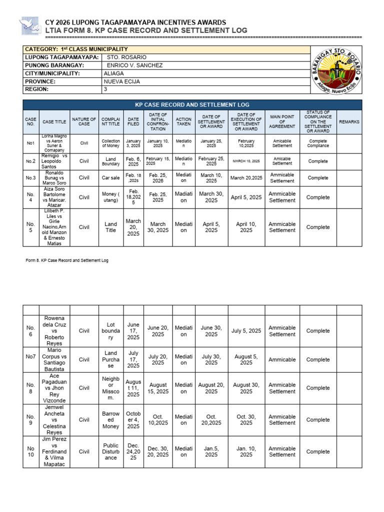 Form 8. KP Record and Settlement Log | PDF | Mediation | Dispute Resolution