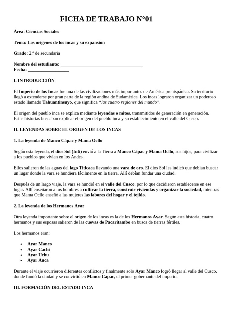 Ficha de Trabajo N1 2° CCSS Ab | PDF | Imperio Inca