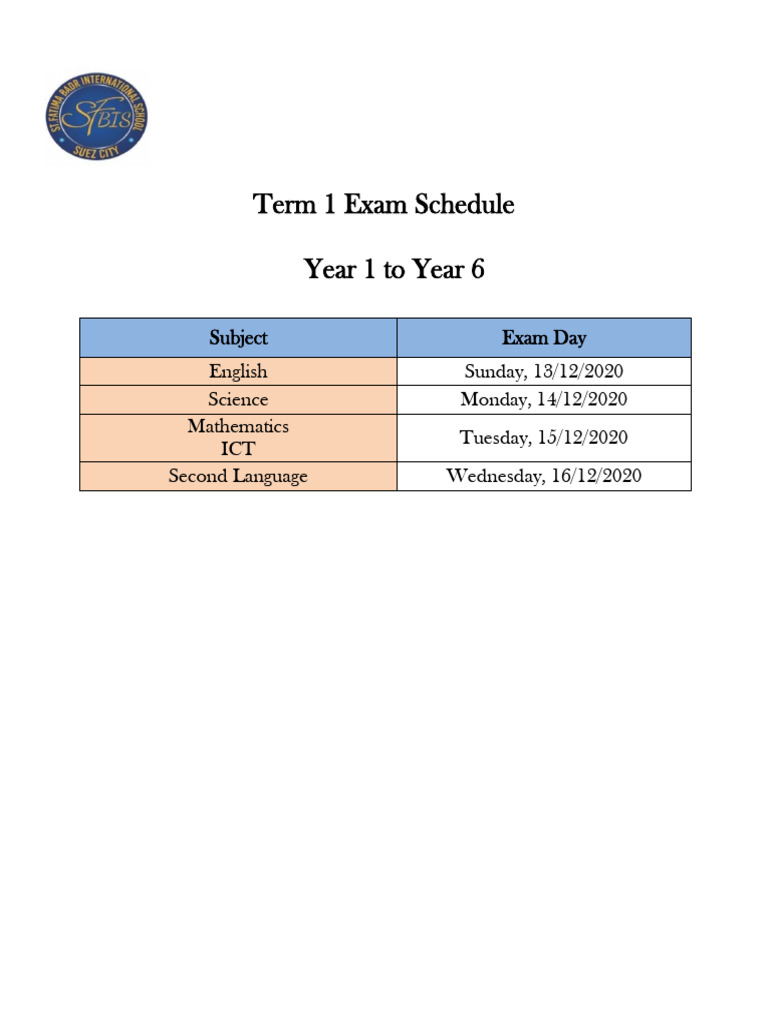 1st Term Exam Schedule y 1 To y 63GjF5 | PDF
