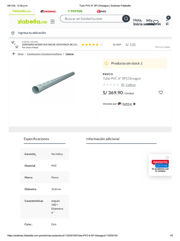 Tubo PVC 6 - SP - Desague - Sodimac Falabella | PDF