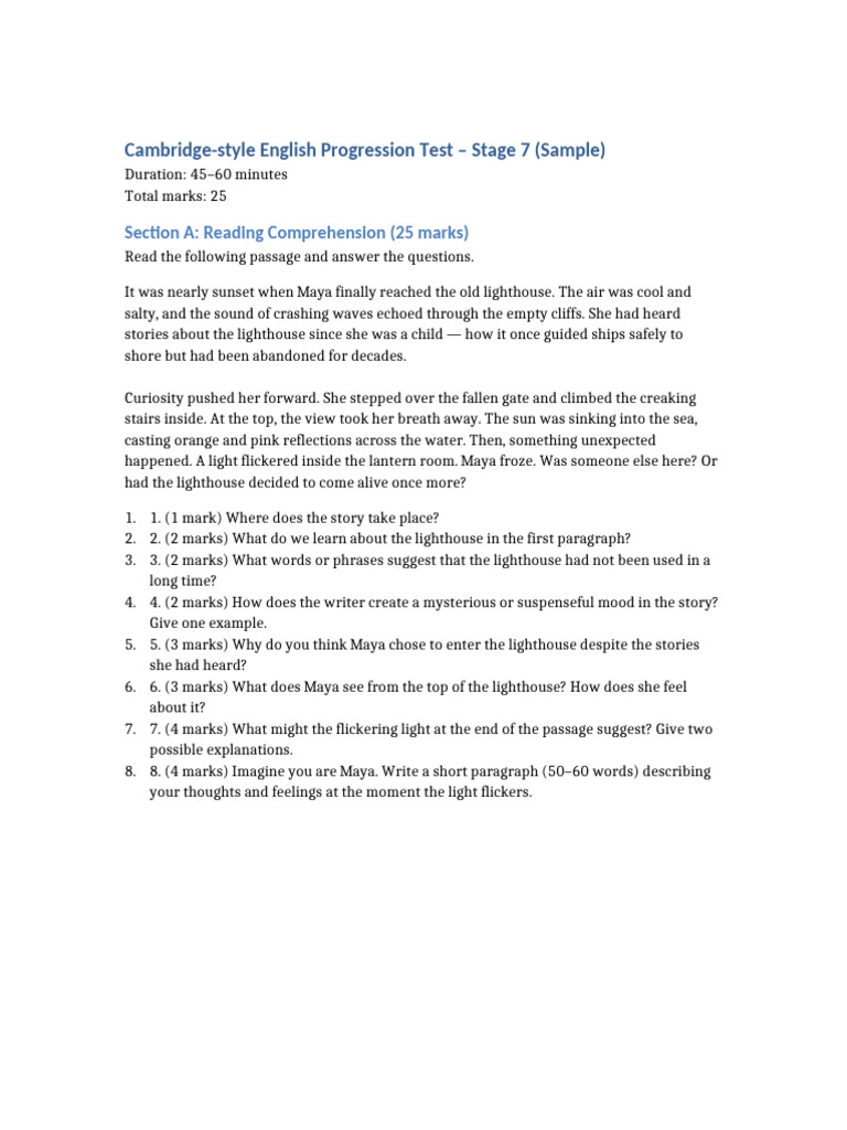 Stage 7 English Reading Test Sample | PDF