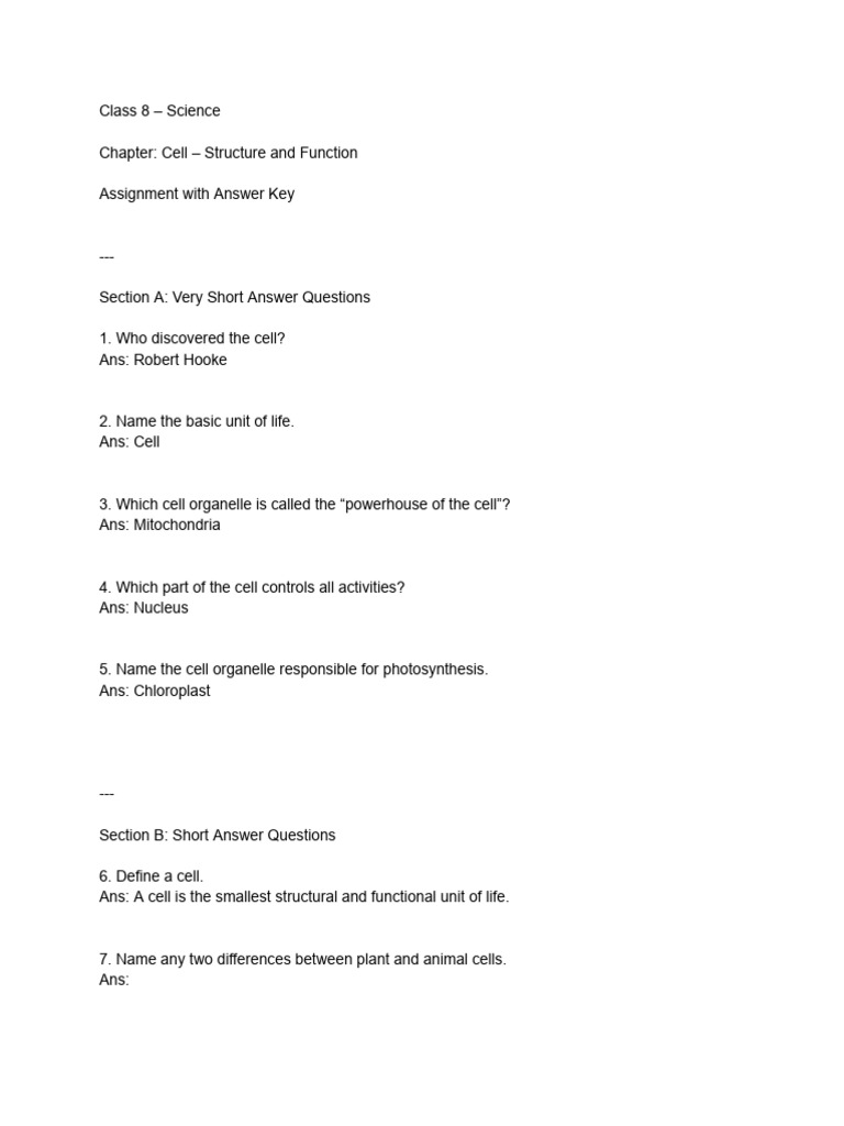 Class 8 - Science Cell Assignment With Answer Key | PDF