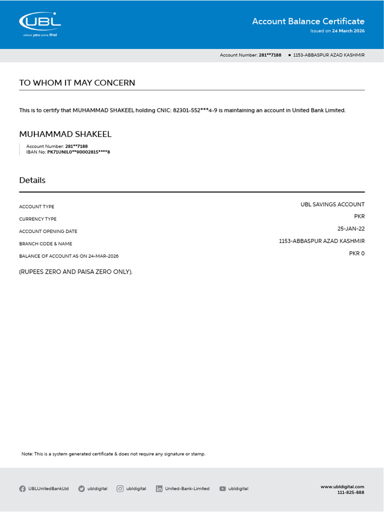 Account Balance Certificate - Muhammad Shakeel | PDF