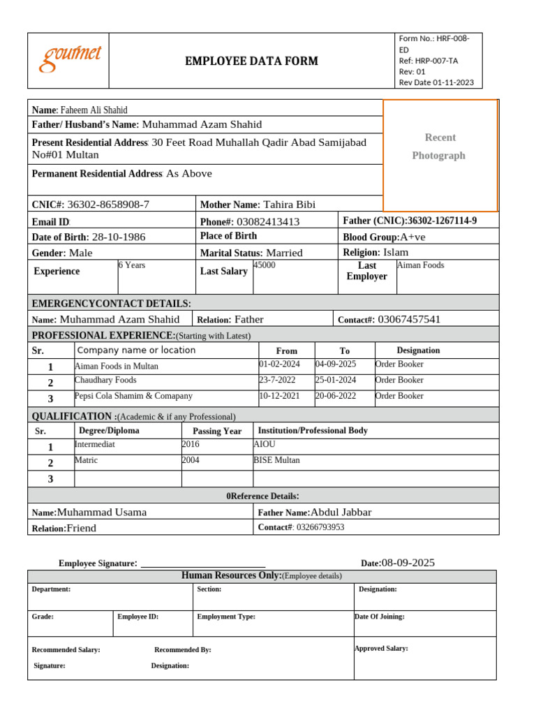 03-A New Employee Data Form (Non-Management) | PDF