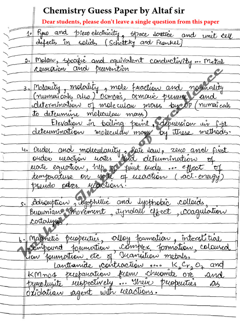 12th Chemistry Guess Paper by Altaf Sir | PDF