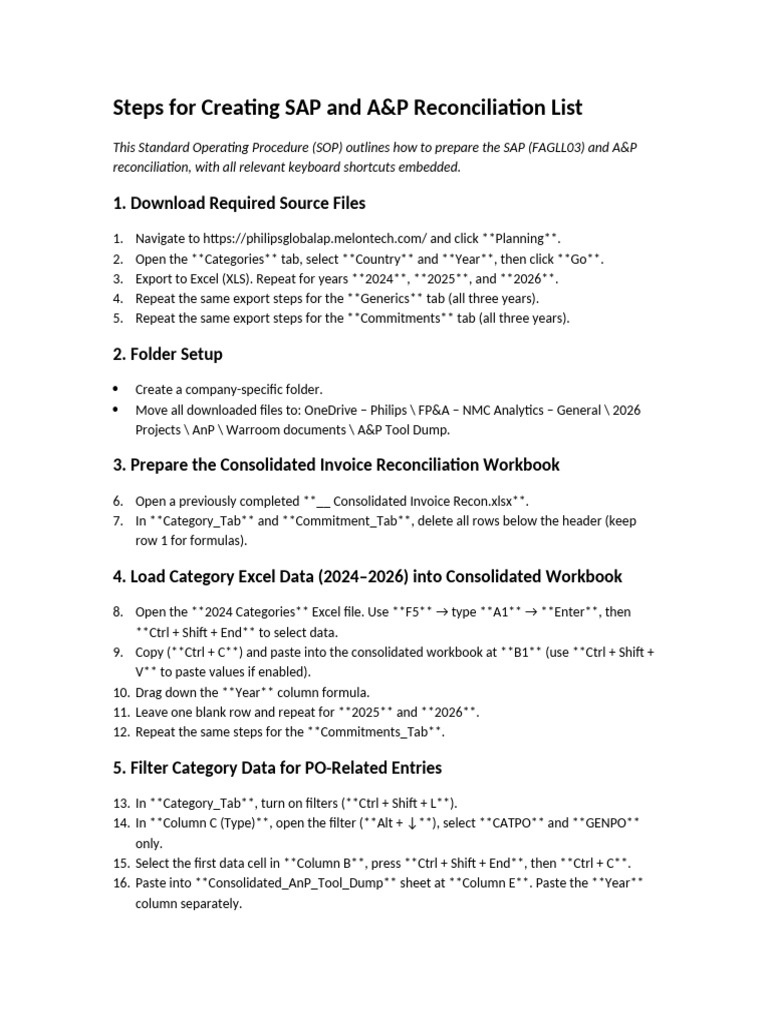 SAP A&P Recon Instructions With Shortcuts | PDF