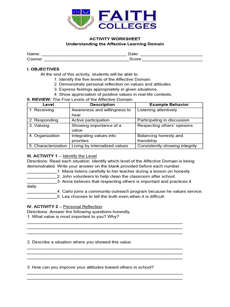 Assessment in Learning 2 Activity Worksheet | PDF | Affect (Psychology ...