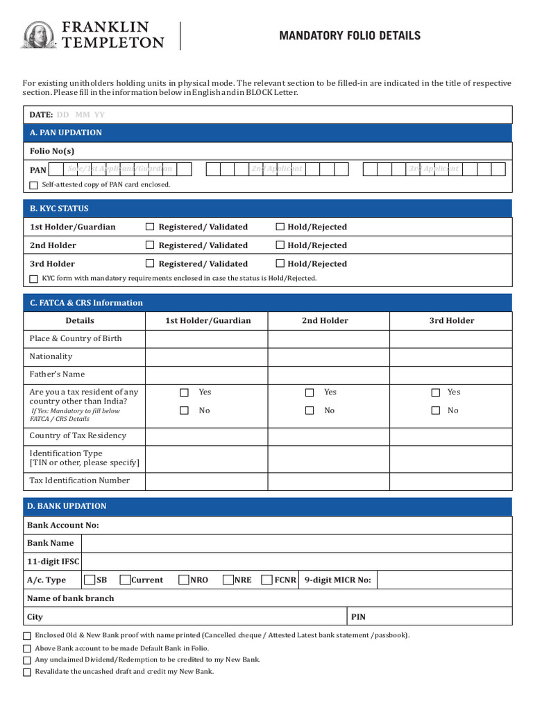 Franklin MF Mandatory Details Form | PDF
