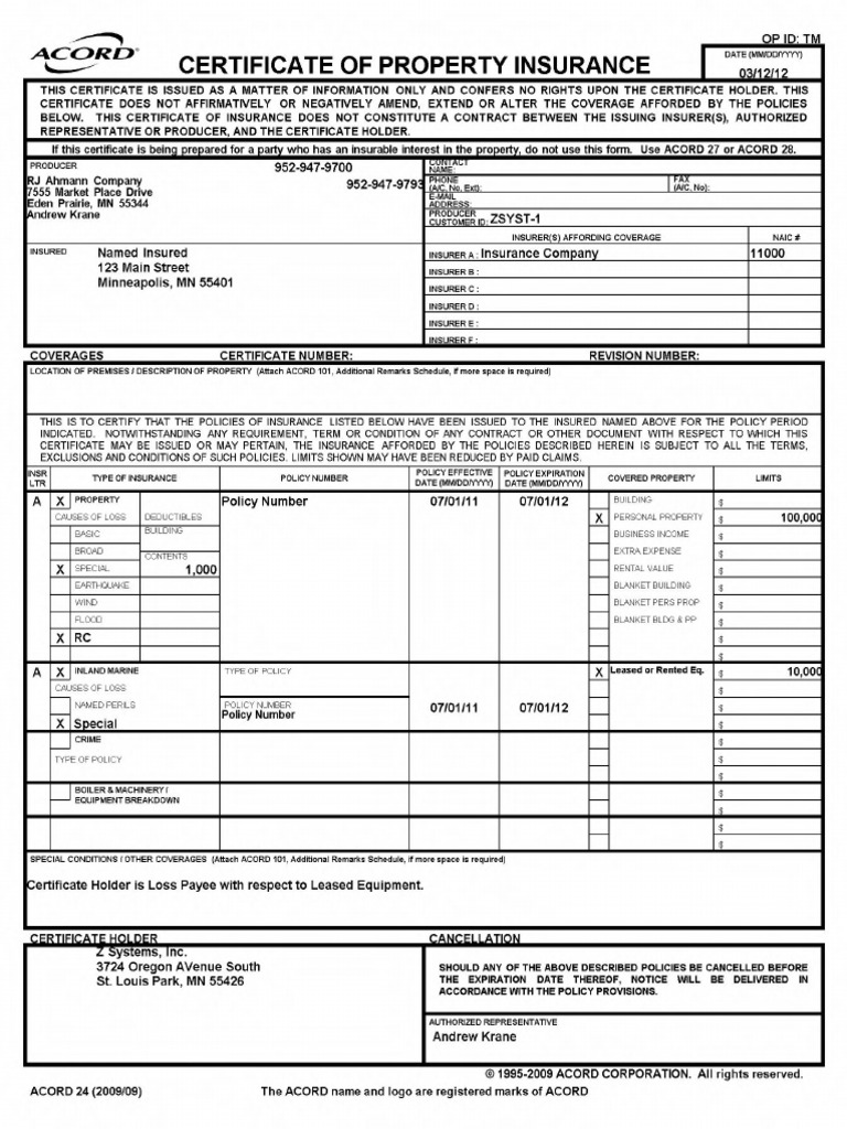 Certificate of Property Insurance Example | PDF