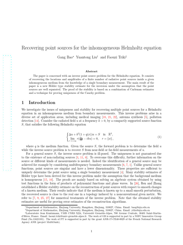 Recovering Point Sources For The Inhomogeneous Helmholtz Equaiton, Gang ...