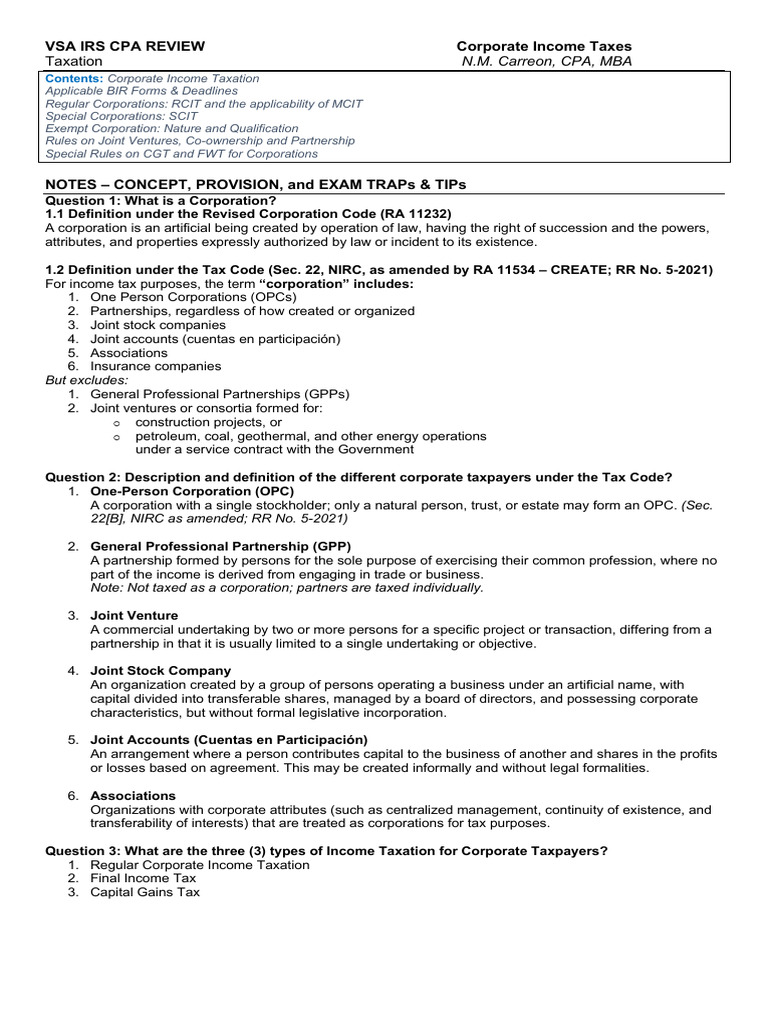 Notes Corporate Income Tax Re 14 February 2026 | PDF | Capital Gains ...