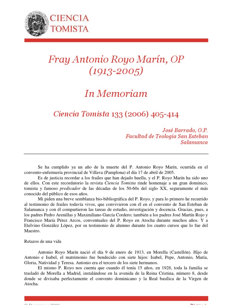 In Memoriam Antonio Royo Marin, OP PDF Orden dominicana Seminario