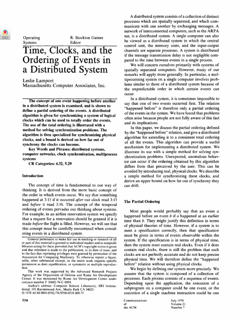 Time, Clocks, and The Ordering of Events in A Distributed System | PDF ...
