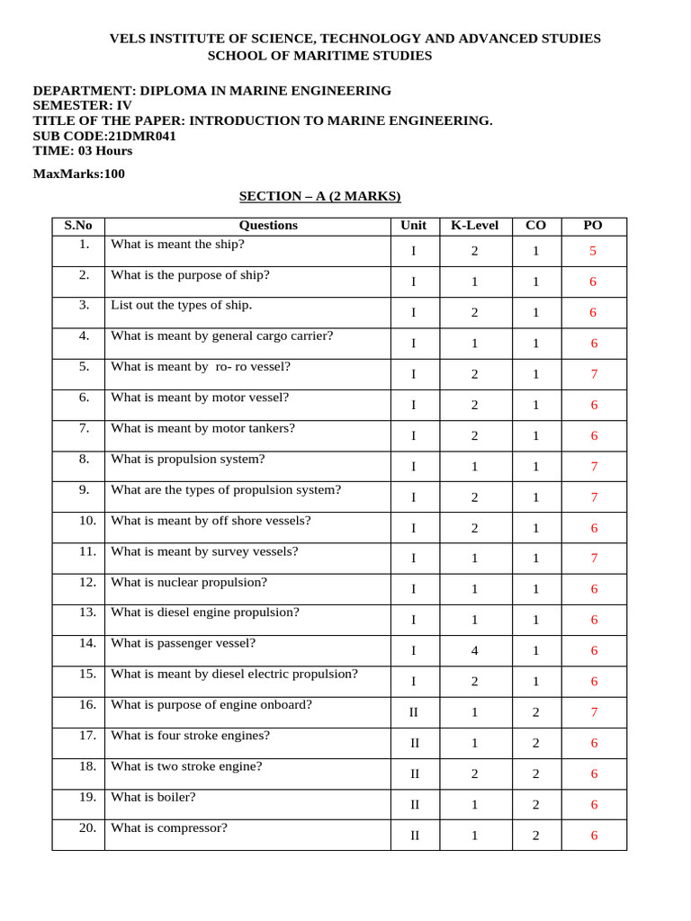 BSc-MO Introduction To Marine Engineering QUESTION BANK. | PDF | Marine ...