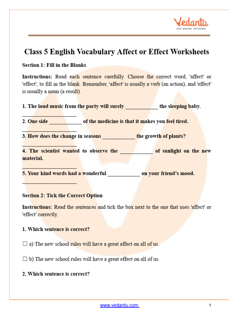 Affect Vs Effect Worksheet For Class 5 - Free PDF Practice | PDF ...