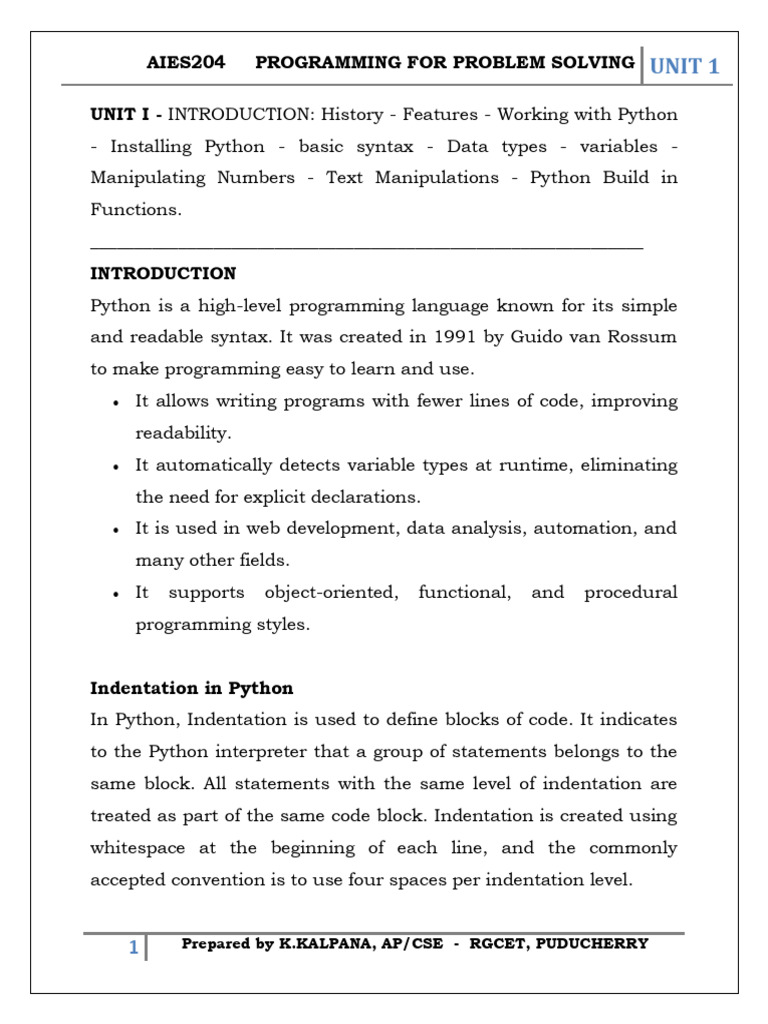 PPS Unit 1 - Aids | PDF | Python (Programming Language) | Data Type