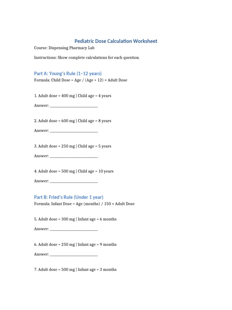 Pediatric Dose Calculation Worksheet | PDF