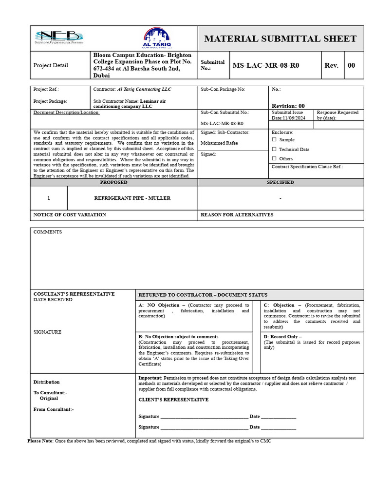 Material Submittal - Referigernat Pipe | PDF | Pipe (Fluid Conveyance ...