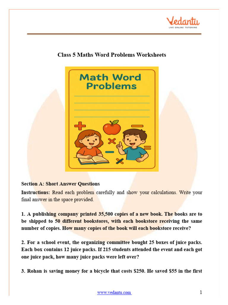 Class 5 Maths Word Problems Worksheet With Answers PDF | PDF