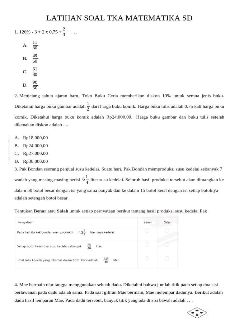 Latihan Soal Tka Matematika SD | PDF