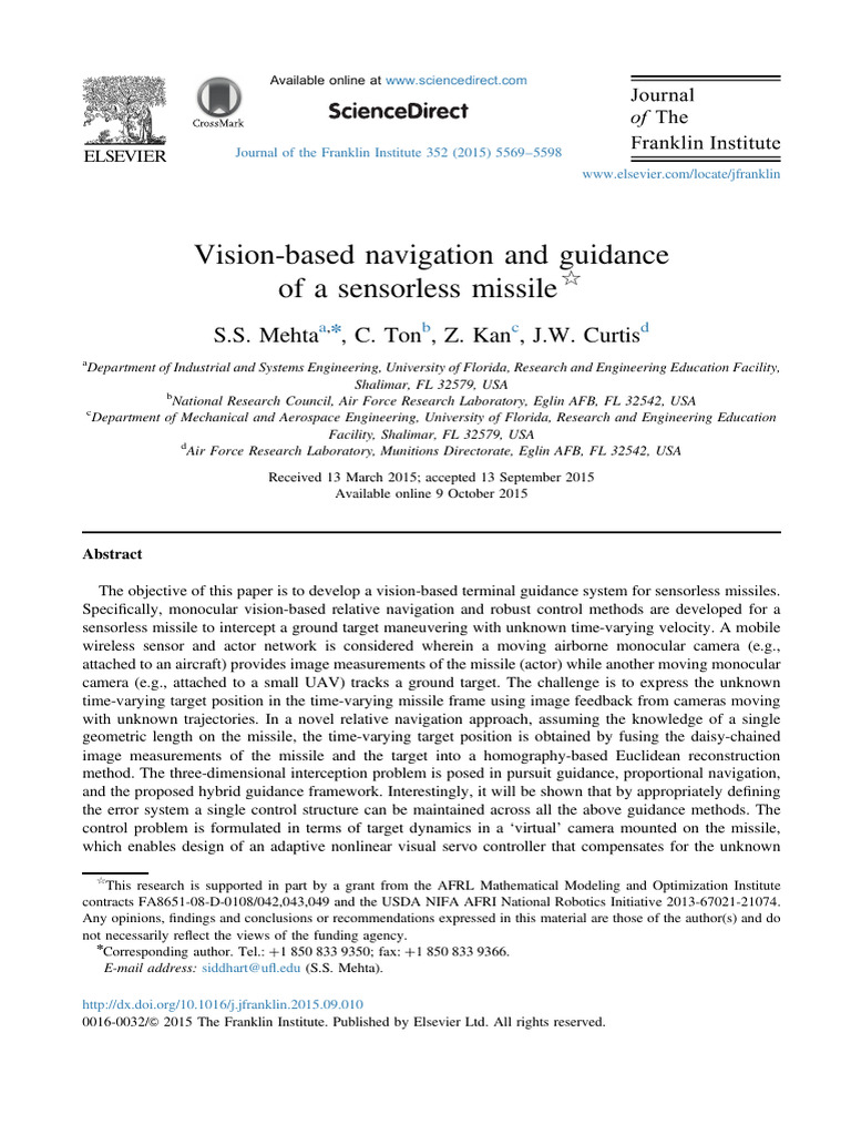 Vision-Based Navigation and Guidance of A Sensorle | PDF