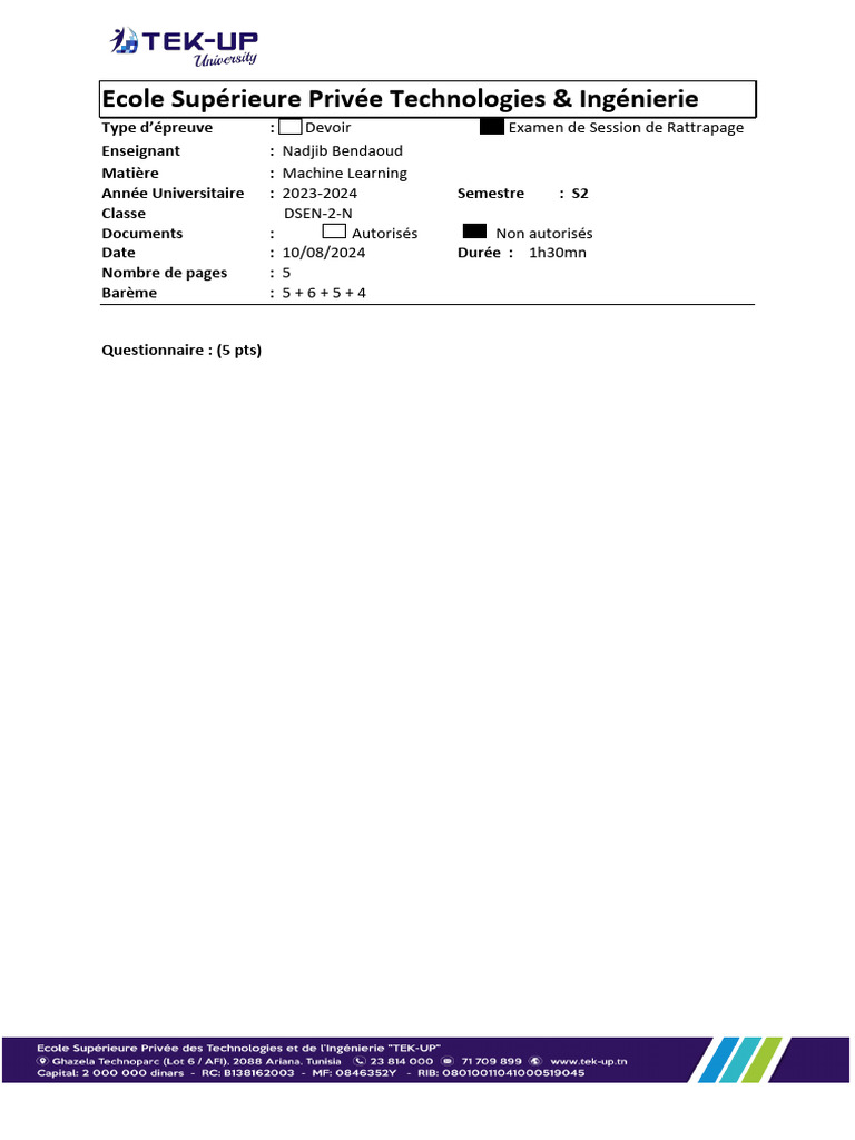 Examen Rattrapage Machine Learning DSEN 2 N 1 | PDF | Analyse de ...
