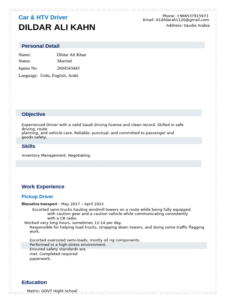 Driver CV - Dildar Ali Khan | PDF