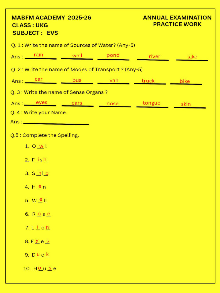 Annual Exam 2025-26 Ukg Evs Practice Work | PDF