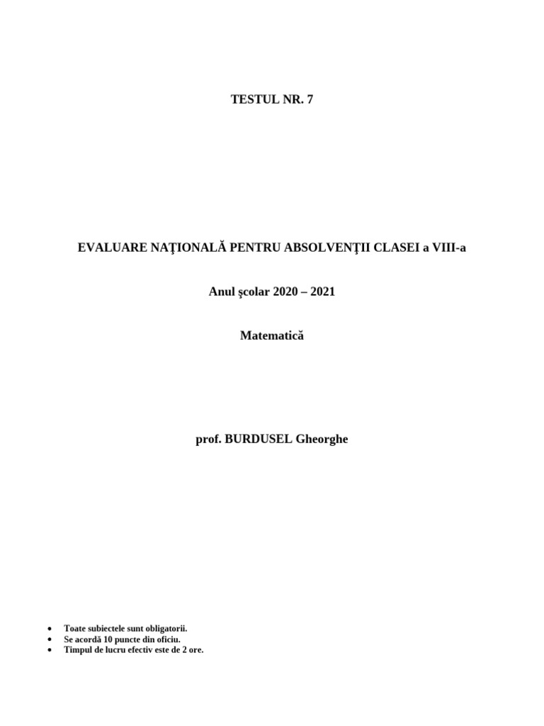 Test de Evaluare Nationala Varianta 7 2021 | PDF