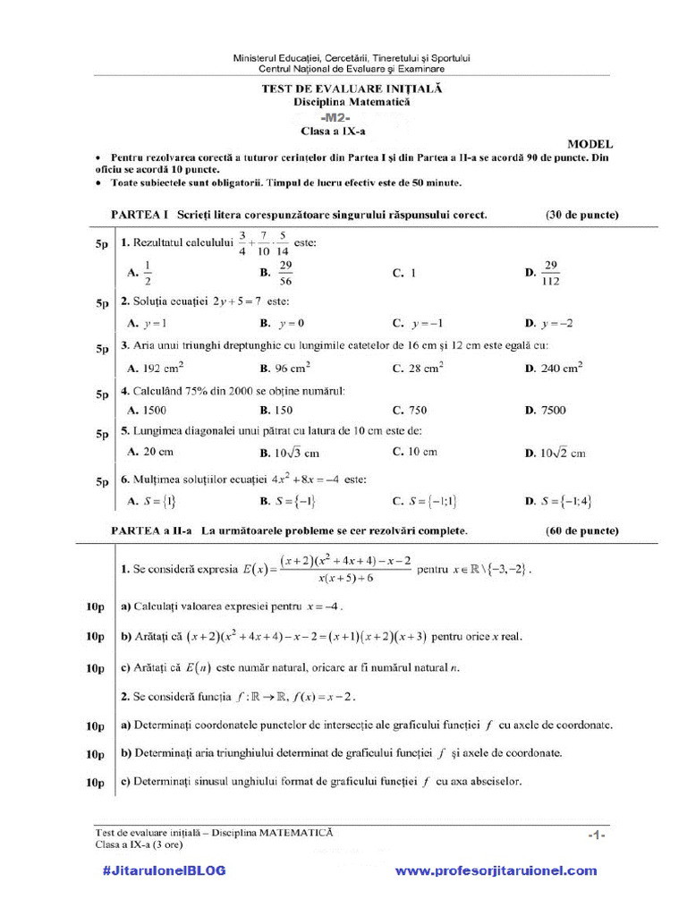 Test Initial Matematica M2 Clasa A 9 A | PDF