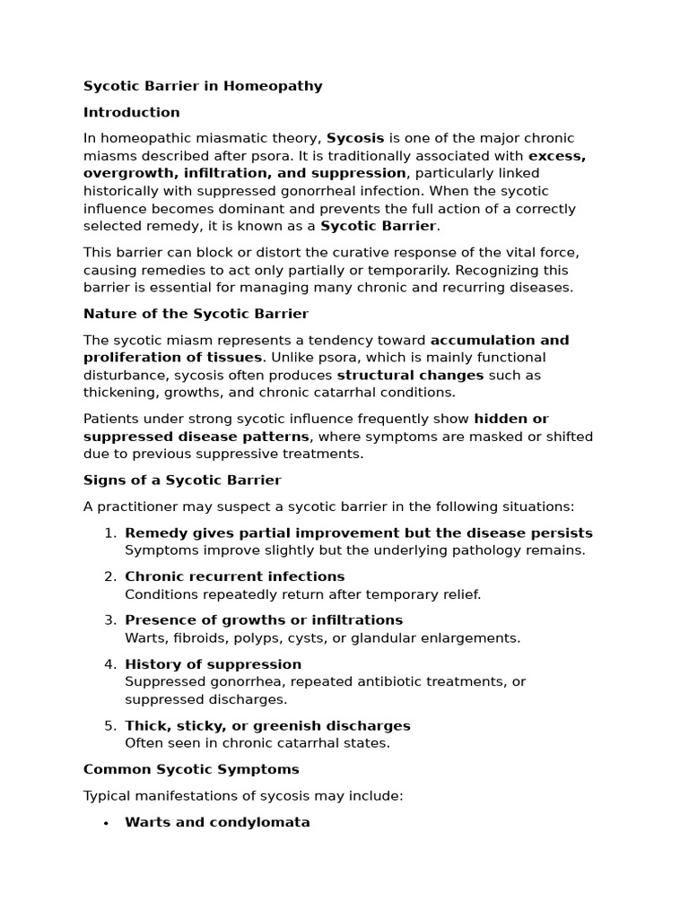 Sycotic Barrier in Homeopathy | PDF | Homeopathy | Diseases And Disorders