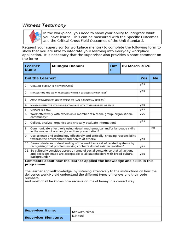 Witness Testimony: Learner Name Mlungisi Dlamini Dat e 09 March 2026 ...
