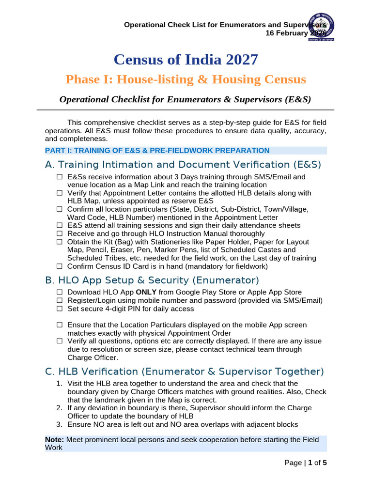 Census 2027, E&S Operational CheckList, 16feb2026 | PDF | Census ...